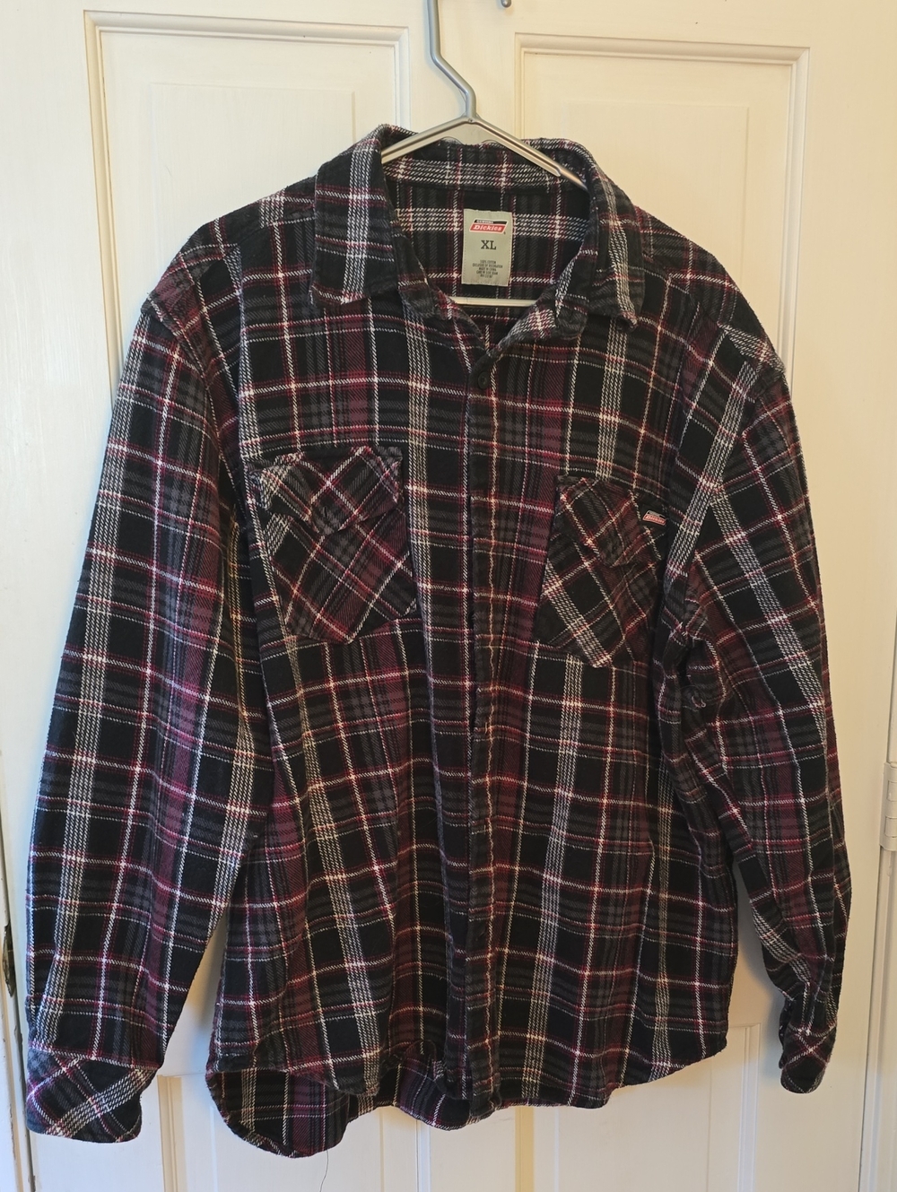 Dickies Black and Burgundy Plaid Flannel Button-Down Shirt